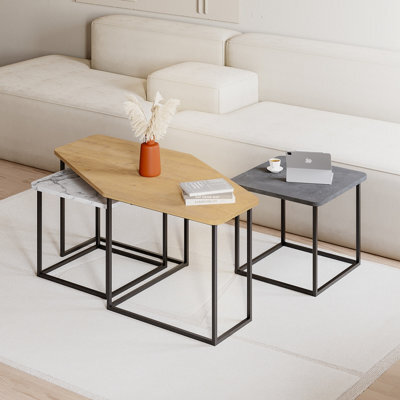 Decortie Modern Nesty Coffee Table Nest Of 3 Tables Oak, Retro Grey, White Marble Effect Nested Table Engineered Wood W/metal Legs - image 1