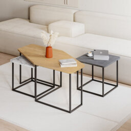Decortie Modern Nesty Coffee Table Nest Of 3 Tables Oak, Retro Grey, White Marble Effect Nested Table Engineered Wood W/metal Legs