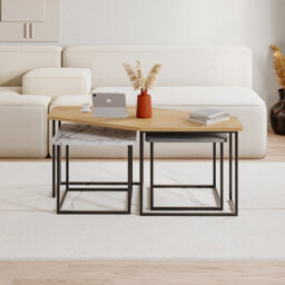 Decortie Modern Nesty Coffee Table Nest Of 3 Tables Oak, Retro Grey, White Marble Effect Nested Table Engineered Wood W/metal Legs - thumbnail 4