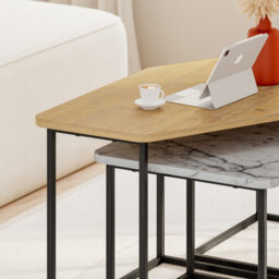 Decortie Modern Nesty Coffee Table Nest Of 3 Tables Oak, Retro Grey, White Marble Effect Nested Table Engineered Wood W/metal Legs - thumbnail 5