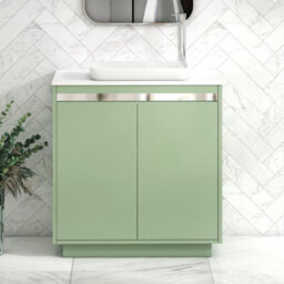 Royal Bathrooms Orion 800mm Mint Sage Floor Standing Plain White Countertop Vanity Unit 2 Door With Qubix Basin & Chrome Accent Trim - thumbnail 2