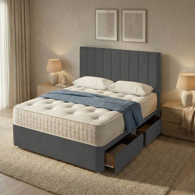 "Adore Designs Portland Plush Velvet Divan Bed, 50"" Headboard - 5Ft Kingsize - Grey - 2 Drawers Same Side" - image 1