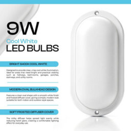 Led Bulkhead Ceiling Light 6400K Cool White 9W 12W Oval Slim Surface Mounted Wall Lamp 900Lm Porch Bathroom Kitchen Garage - thumbnail 4