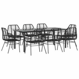 Berkfield 9 Piece Garden Dining Set Black Poly Rattan Glass - thumbnail 2