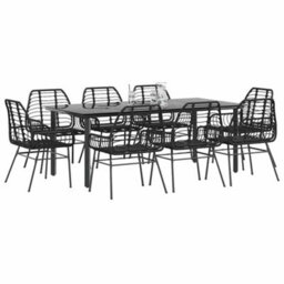 Berkfield 9 Piece Garden Dining Set Black Poly Rattan Glass - thumbnail 1