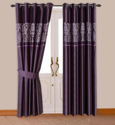 Intimates Ring Top Luxury Jacquard Panel Fully Lined, Machine Cold Wash Care, Soft Touch Textured Modern Curtains - Aubergine