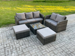Fimous Pe Rattan Garden Furniture Sets 7 Seater Outdoor Lounge Sofa Set Square Coffee Table 2 Big Footstool - thumbnail 2