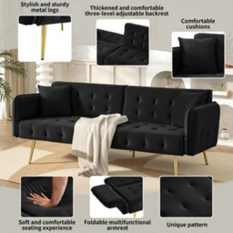 Matteo 2-Seater Velvet Sofa Bed - Multifunctional With Adjustable Backrest And Armrests - Black - thumbnail 3