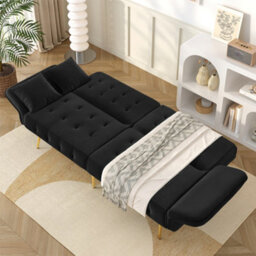 Matteo 2-Seater Velvet Sofa Bed - Multifunctional With Adjustable Backrest And Armrests - Black - thumbnail 2