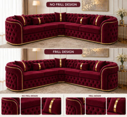 Stratus Interiors Ambassador Sofa Chesterfield Toronto Metal Trim Fabric - Frill Design - L Shape Corner - Gold Trim - Burgundy Plush - thumbnail 3