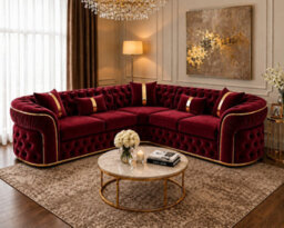 Stratus Interiors Ambassador Sofa Chesterfield Toronto Metal Trim Fabric - Frill Design - L Shape Corner - Gold Trim - Burgundy Plush