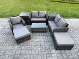 Fimous Rattan Garden Furniture Set With Loveseat Sofa Coffee Table 2 Big Footstool 2 Side Tables Indoor Outdoor - thumbnail 1