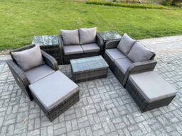 Fimous Rattan Garden Furniture Set With Loveseat Sofa Coffee Table 2 Big Footstool 2 Side Tables Indoor Outdoor - thumbnail 2