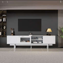 Merax Tv Unit Tv Cabinet 200X40X50.5 Cm, Tv Stand For Up To 80 Inch Tvs, 2 Doors, 2 Drawers & Open Shelf, White - thumbnail 1