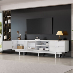 Merax Tv Unit Tv Cabinet 200X40X50.5 Cm, Tv Stand For Up To 80 Inch Tvs, 2 Doors, 2 Drawers & Open Shelf, White - thumbnail 3