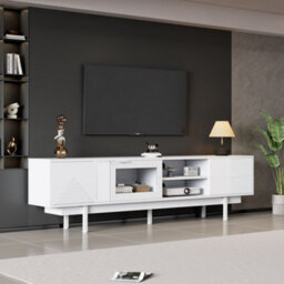 Merax Tv Unit Tv Cabinet 200X40X50.5 Cm, Tv Stand For Up To 80 Inch Tvs, 2 Doors, 2 Drawers & Open Shelf, White - thumbnail 2