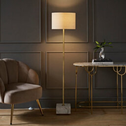 Valuelights Britney Marble Floor Lamp With Natural Linen Drum Lamp Shade And Led Bulb