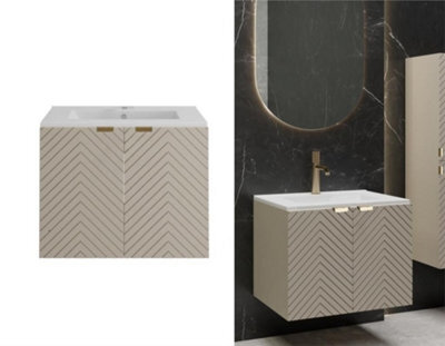 Impact Furniture Vanity Unit With Basin 600mm Wall Hung Bathroom Sink Cabinet Fluted Beige Cashmere Modern Cara - image 1