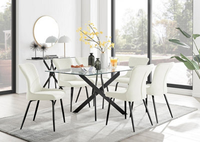 Furniturebox Uk Leonardo Black Leg Glass Dining Table & 6 Cream Nora Black Leg Chairs - image 1