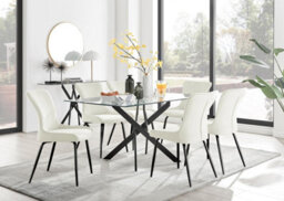 Furniturebox Uk Leonardo Black Leg Glass Dining Table & 6 Cream Nora Black Leg Chairs