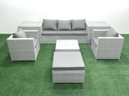 Fimous 6 Seater Rattan Garden Furniture Set 3 Seater Sofa 2 Chair Square Coffee Table Big Stool 2 Side Tables Light Grey - thumbnail 1
