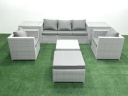 Fimous 6 Seater Rattan Garden Furniture Set 3 Seater Sofa 2 Chair Square Coffee Table Big Stool 2 Side Tables Light Grey - thumbnail 2