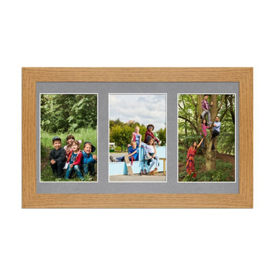 AK Frames 40X20Cm Oak Modern Multi Photo Frame With Mid Grey Mount - Holds 3 Apertures (3X) 6X4 Photos - image 1