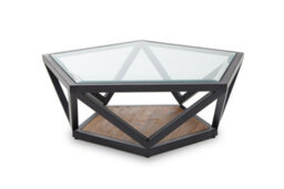 Orsina Pentagon Coffee Table, Unique Pentagon Tempered Glass Top With Bronze-Finish Metal Scalloped Frame