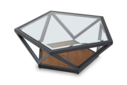 Orsina Pentagon Coffee Table, Unique Pentagon Tempered Glass Top With Bronze-Finish Metal Scalloped Frame - thumbnail 3