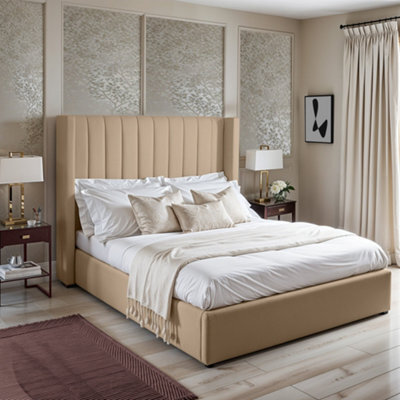 UKBEDFURNITURE Barcelona Wingback Beige Plush Valvet Upholstered Gas Lift Storage Bed -  With 48 Inch Headboard - image 1