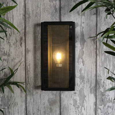 Litecraft Merlin Black Outdoor Box Lantern Wall Light With Brass Mesh Insert - image 1