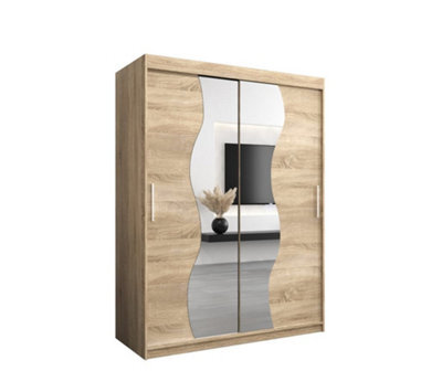 Arte Madrid Contemporary 2 Mirrored Sliding Door Wardrobe 5 Shelves 2 Rails Oak Sonoma Effect (H)2000mm (W)1500mm (D)620mm - image 1
