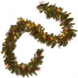 Amorly 9Ft Pre Lit Artificial Christmas Garland, Battery Operated Warm White Led With Timer, Pinecones Red Berries For Xmas Party Decor - thumbnail 1