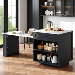 Abrihome Extendable Bar Table With Storage (133-202 X 70 X 93.5 Cm), With 2 Drawers And 4 Compartments, Expandable Kitchen Island Table - thumbnail 3