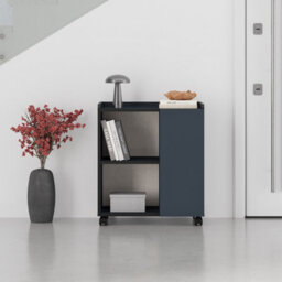 Decortie Modern Zeo Sideboard Cabinet 70X40X80Cm 1 Door Storage 4 Compartments With 4 Heels Navy Blue, Black Room, Office