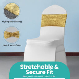 Neel Blue Pack Of 10 Velvet Chair Band Glitz Shiny Fabric Strechy Chair Band Sash, Gold - thumbnail 4