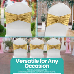 Neel Blue Pack Of 10 Velvet Chair Band Glitz Shiny Fabric Strechy Chair Band Sash, Gold - thumbnail 8