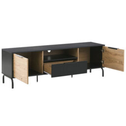 Beliani Tv Stand Black And Light Wood Particle Board With Metal Legs, Drawer And 2 Cabinets - Fits Up To 70-Inch Tvs - thumbnail 5