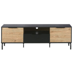 Beliani Tv Stand Black And Light Wood Particle Board With Metal Legs, Drawer And 2 Cabinets - Fits Up To 70-Inch Tvs - thumbnail 1