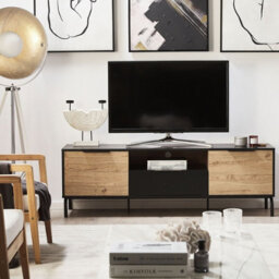 Beliani Tv Stand Black And Light Wood Particle Board With Metal Legs, Drawer And 2 Cabinets - Fits Up To 70-Inch Tvs - thumbnail 2