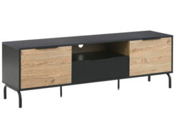 Beliani Tv Stand Black And Light Wood Particle Board With Metal Legs, Drawer And 2 Cabinets - Fits Up To 70-Inch Tvs - thumbnail 3