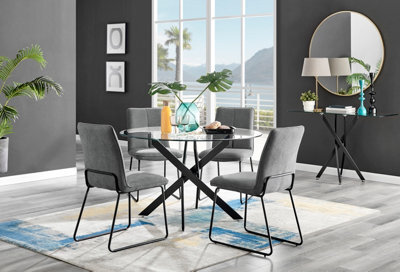 Furniturebox Novara Clear Tempered Glass 120Cm Round Dining Table With Black Starburst Legs & 4 Dark Grey Halle Soft Fabric Chairs - image 1