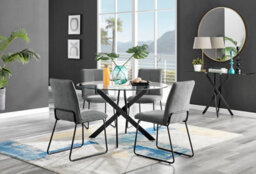Furniturebox Novara Clear Tempered Glass 120Cm Round Dining Table With Black Starburst Legs & 4 Dark Grey Halle Soft Fabric Chairs - thumbnail 1