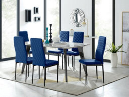 Furniturebox Andria Black Leg Marble Effect Dining Table And  6 Navy Velvet Milan Black Leg Chairs - thumbnail 1