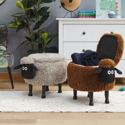 Beliani Pasture Pals Kids Grey Faux Fur Animal Stool With Hidden Storage And Rubberwood Legs - thumbnail 2