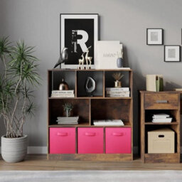 Urbn-Living Urbnliving Asymmetrical 8-Cube Rustic Brown Bookcase Storage Unit With 3 Fabric Drawer Inserts - Dark Pink - thumbnail 2