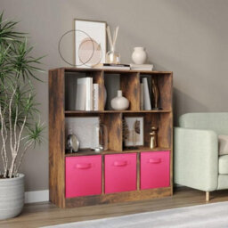 Urbn-Living Urbnliving Asymmetrical 8-Cube Rustic Brown Bookcase Storage Unit With 3 Fabric Drawer Inserts - Dark Pink - thumbnail 4