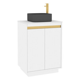 Royal Bathrooms Orion 600mm Matt White Floor Standing Plain White Countertop Vanity Unit 2 Door With Art Square Basin & Brushed Brass Accent Trim - thumbnail 6