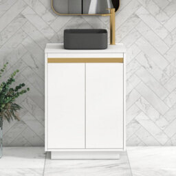 Royal Bathrooms Orion 600mm Matt White Floor Standing Plain White Countertop Vanity Unit 2 Door With Art Square Basin & Brushed Brass Accent Trim - thumbnail 1