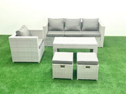 Fimous Rattan Garden Furniture Set 5 Pieces Outdoor Garden Sofa Oblong Coffee Table Set Chair 2 Small Stools Light Grey - thumbnail 2